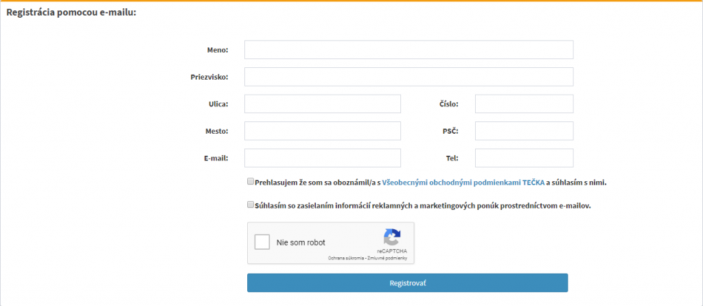 TEČKO registračný formulár