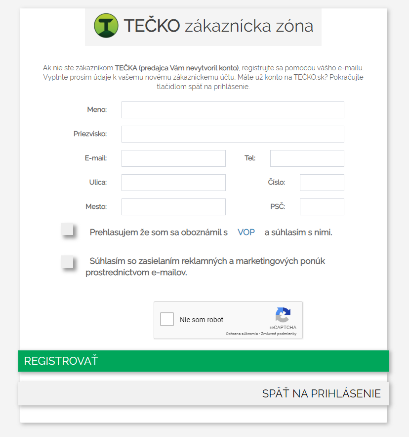 TEČKO registračný formulár